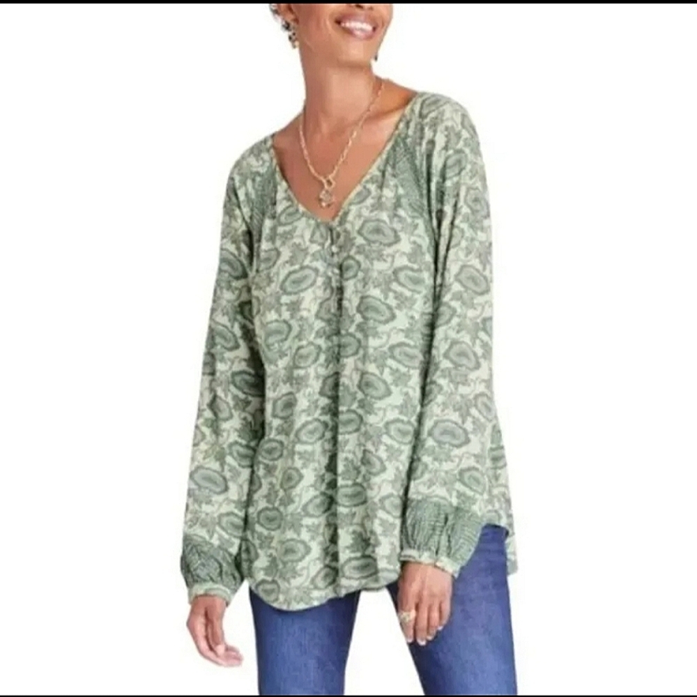 NWOT Knox Rose Green Henley Oversized Peasant Top Sz M